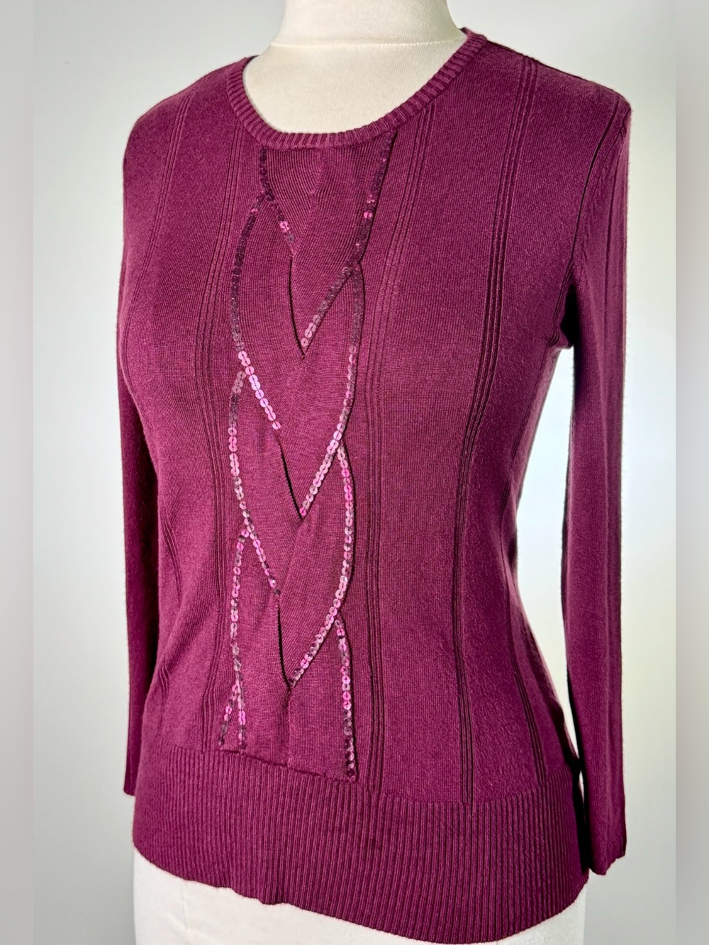 Apostrophe S Burgundy Merlot Sequin Chain Sweater Fitted Knit Plum